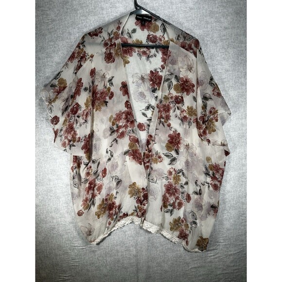 MASON + MACKENZIE Floral Sheer Open Blouse Coverup Womens SZ S Embroidered Trim - Picture 1 of 7